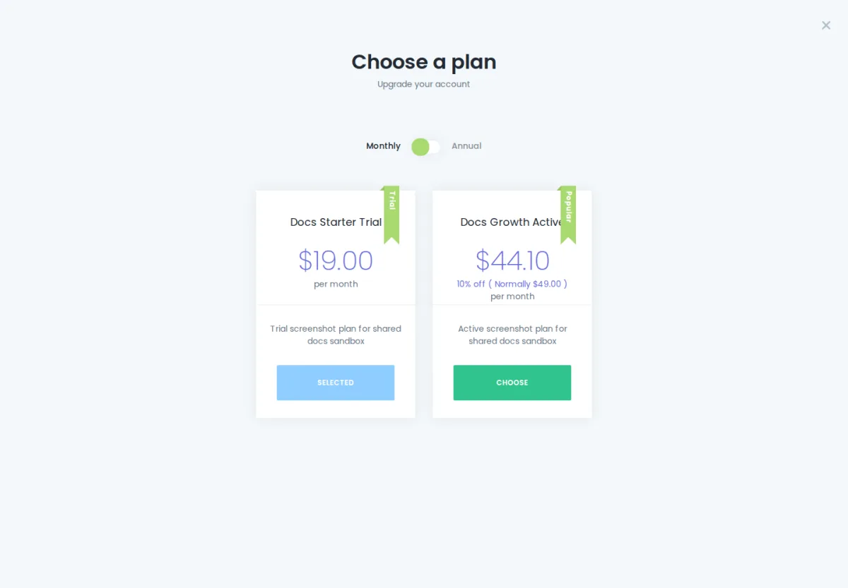 Tenant Billing — plan-card grid with Monthly/Annual toggle and the annual-discount badge