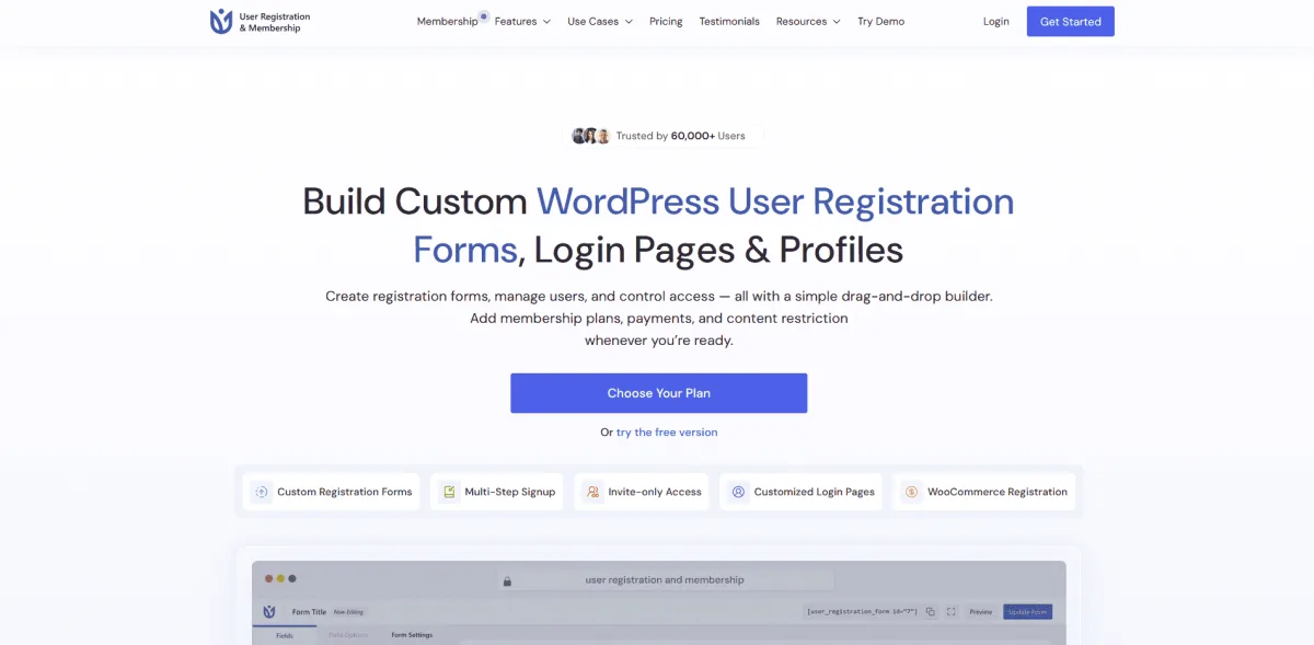 User Registration and Membership plugin homepage showing membership plans and registration form builder