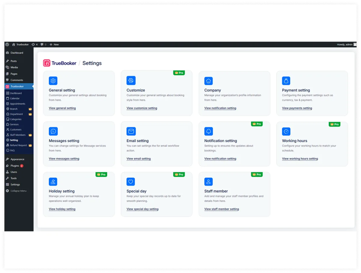 TrueBooker admin settings panel showing General, Customize, Company, Payment, Messages, Email, Notification, Working Hours, Holiday, Special Day, and Staff Member settings