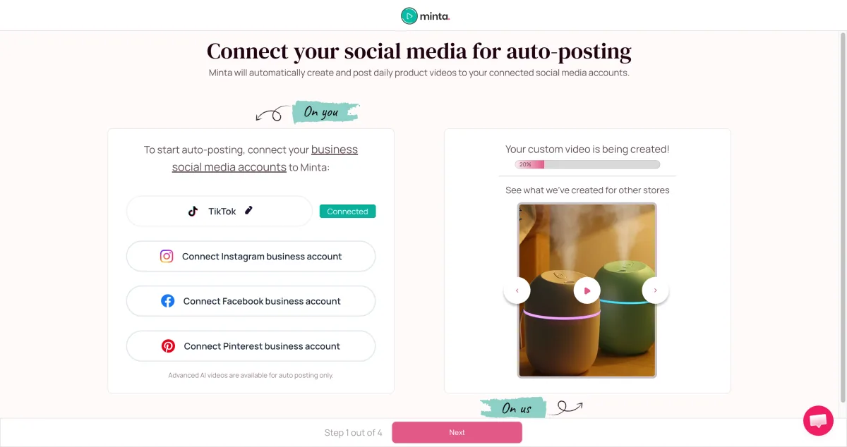 Minta's social video dashboard showing connected channels, posting schedule, and content queue