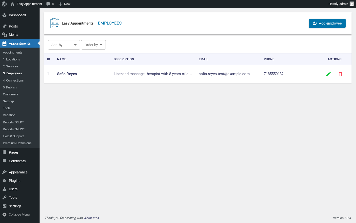 Easy Appointments admin Employees list with Sofia Reyes saved with name, description, email and phone