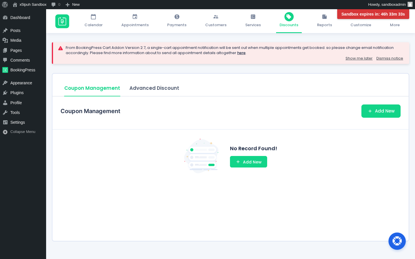 BookingPress admin Discounts — Coupon Management tab and Advanced Discount tab