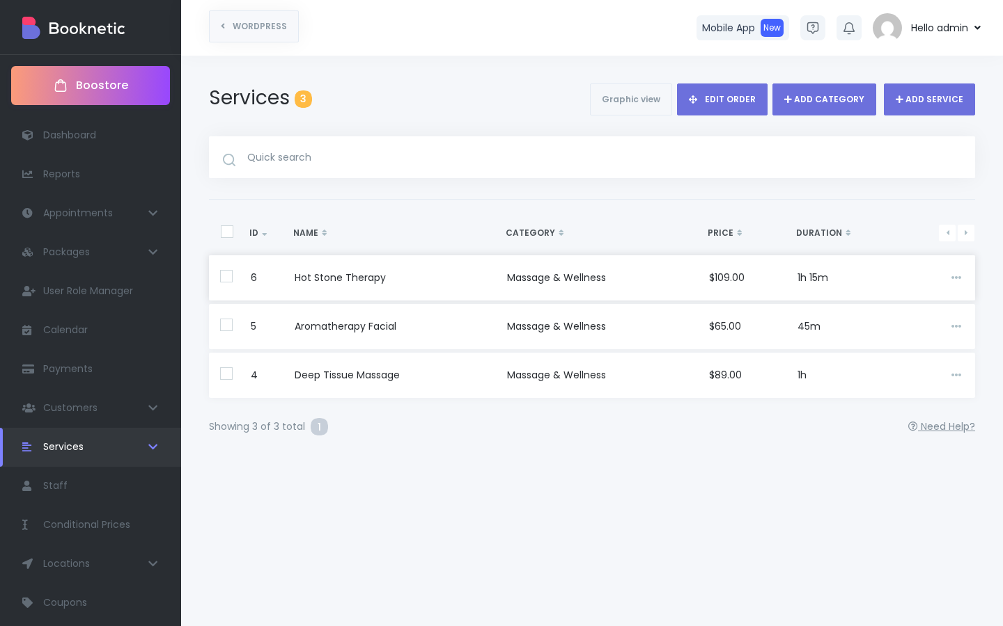 Booknetic services list showing services with category, price and duration