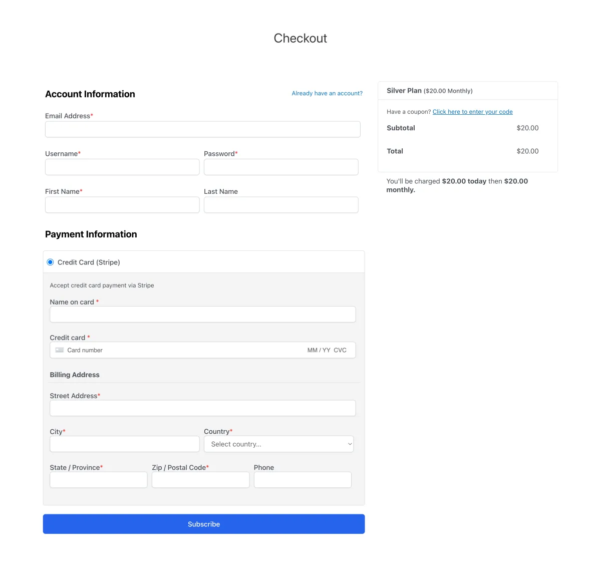 ProfilePress front-end checkout page with subscription plan selection and payment form