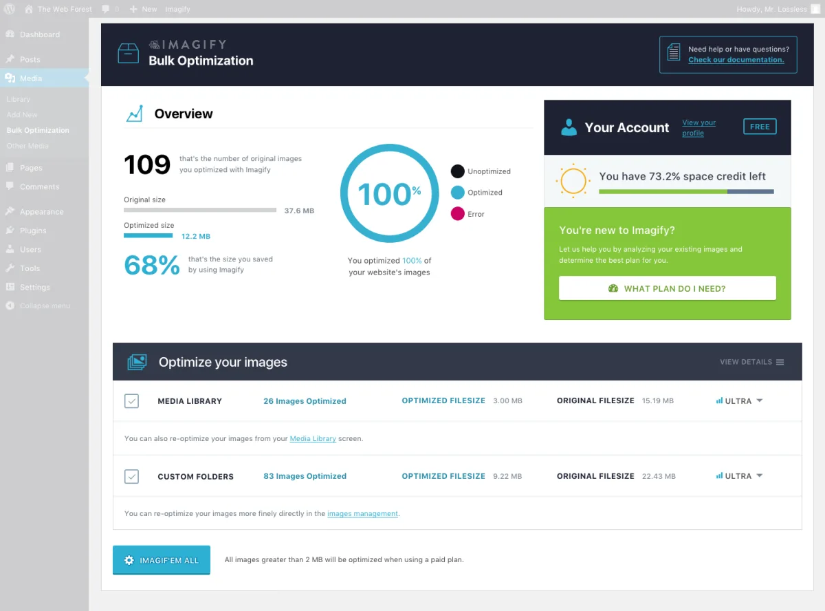Imagify bulk image optimization screen with compression results and progress tracking