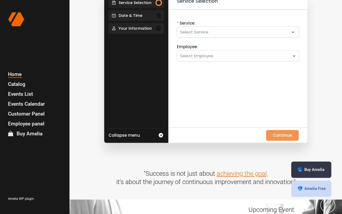 Amelia booking form showing the step-by-step service selection and date scheduling interface