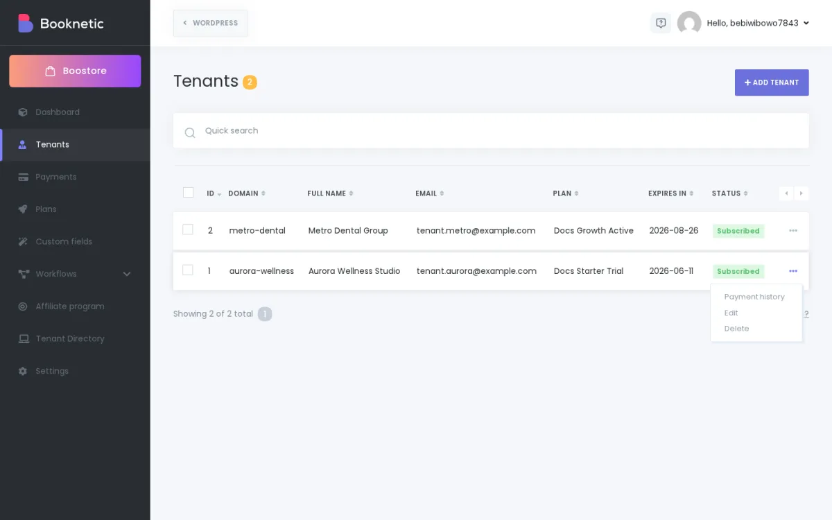 SaaS admin Tenants list with a tenant row's actions menu open, showing Payment history, Edit, and Delete options