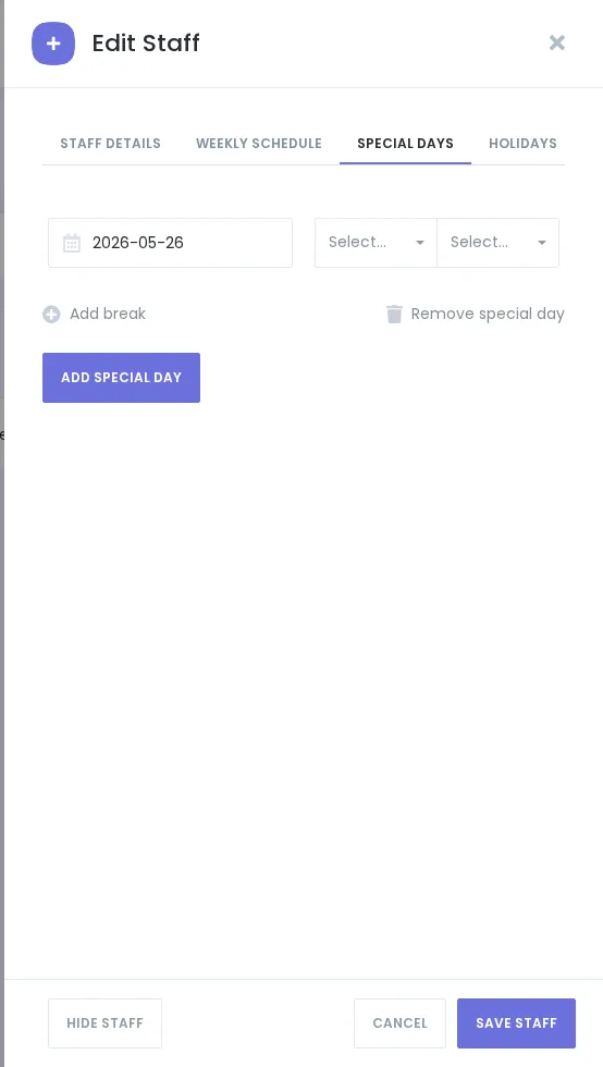 Booknetic-Drawer „Mitarbeiter bearbeiten“ in der Regular-Umgebung mit Registerkarte „Special Days“ für Demo Staff.