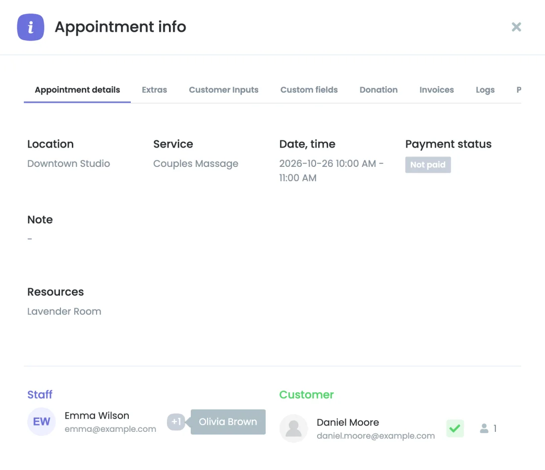 Appointment details with the team shown as +1 and the member names on hover
