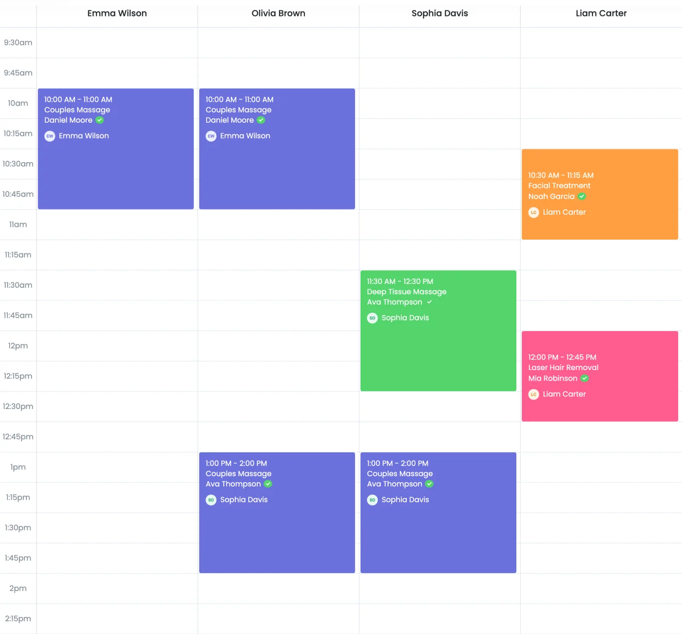 Calendar day view with team appointments in two staff columns