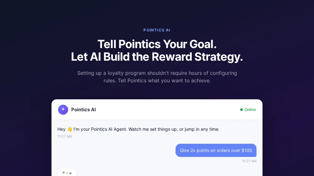 Pointics AI assistant panel on the official product page showing a plain-language earning rule request, give 2x points on orders over $100