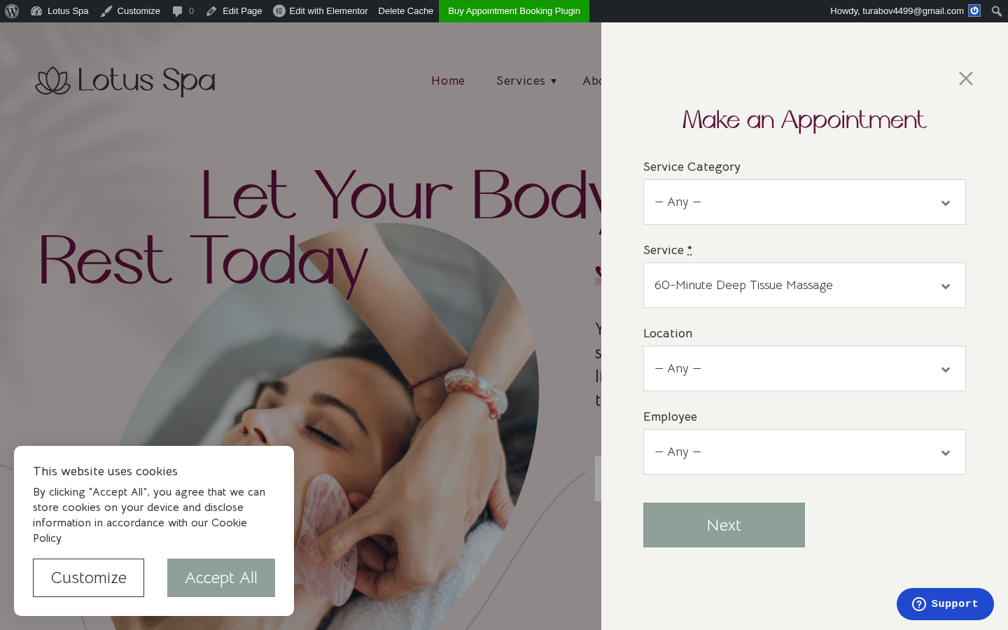 MotoPress front-end booking widget — Service step inside the Lotus Spa sidebar
