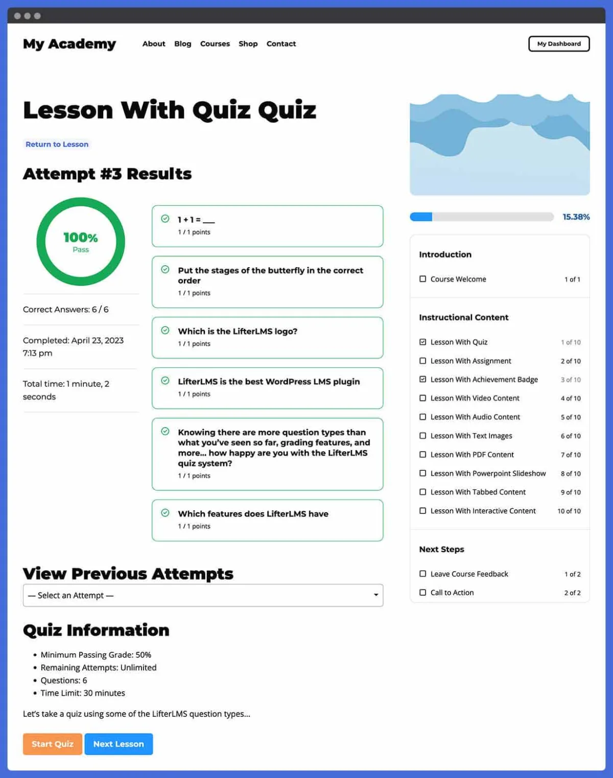 LifterLMS course builder with lesson hierarchy and student progress tracking interface