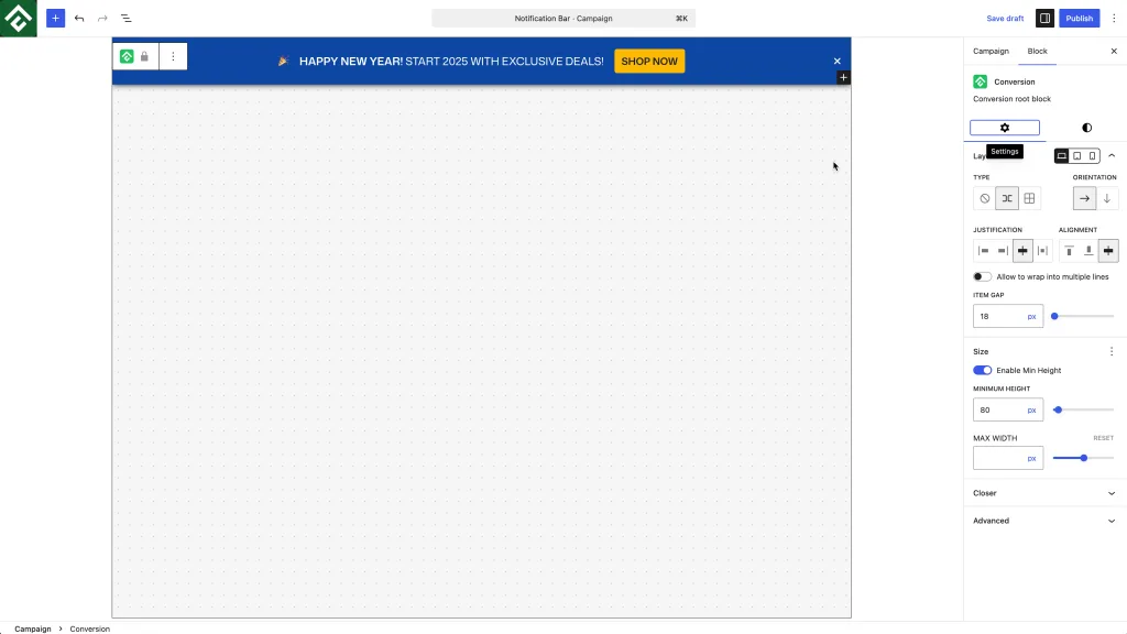 Constructor de campanas ConvertForce dentro del editor de bloques Gutenberg de WordPress, mostrando una barra de notificaciones diseñada con bloques nativos y el panel de condiciones de visualización visible