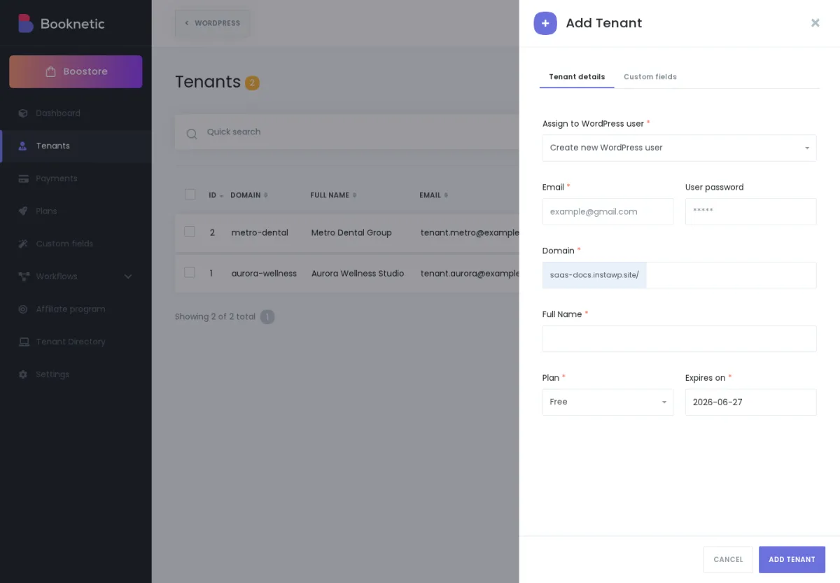 Add Tenant screen showing the Domain field with the saas-docs.instawp.site directory-style prefix