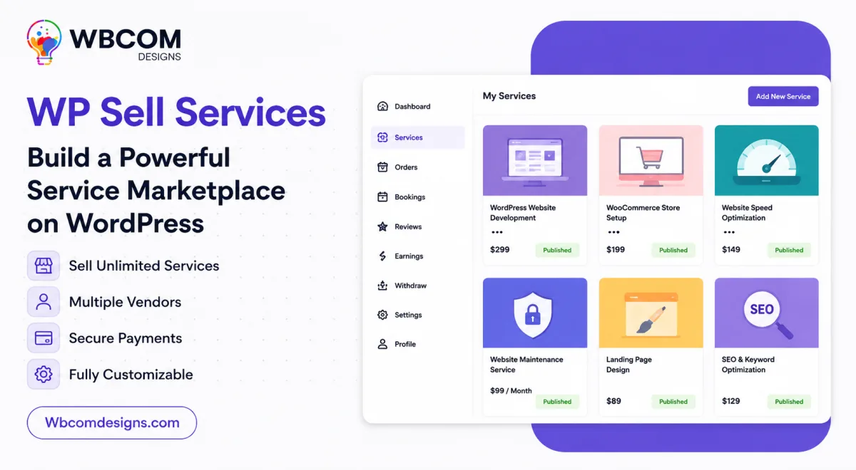 WP Sell Services service marketplace dashboard with vendor service listings