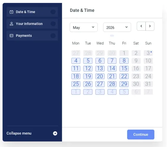 Amelia Date and Time step with calendar on the left and 30-minute slot strip on the right