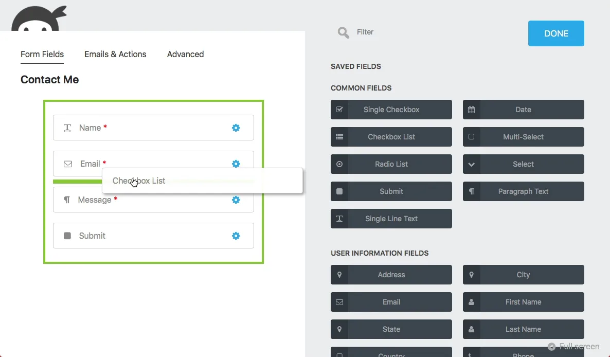 Ninja Forms builder interface showing multi-column field layout and settings panel