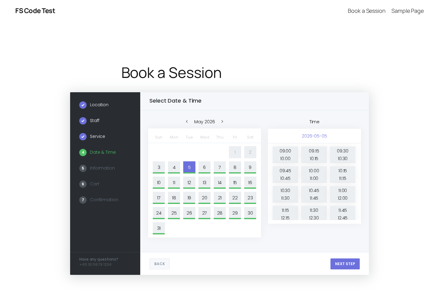 Booknetic front-end Date & Time step with calendar and time slot grid