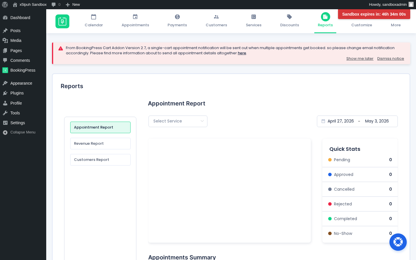BookingPress admin Reports — Appointment / Revenue / Customers reports with date range filter and Quick Stats