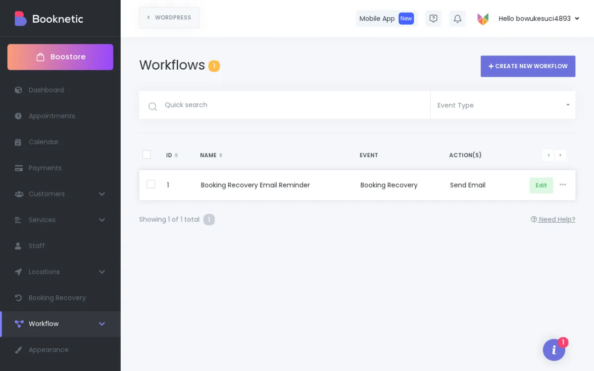 Workflow-Liste in Booknetic mit einem Booking Recovery Workflow und Send Email Action