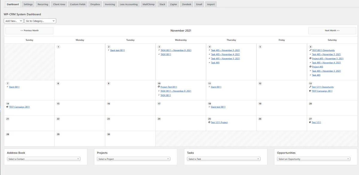 WP-CRM System contact list interface showing client records, project assignments, and task tracking in WordPress admin