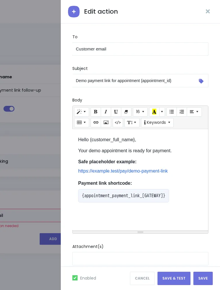 Booknetic-E-Mail-Action-Modal mit Demo-Kunden-E-Mail-Template, sicherer Platzhalter-URL und Payment-Link-Shortcode.