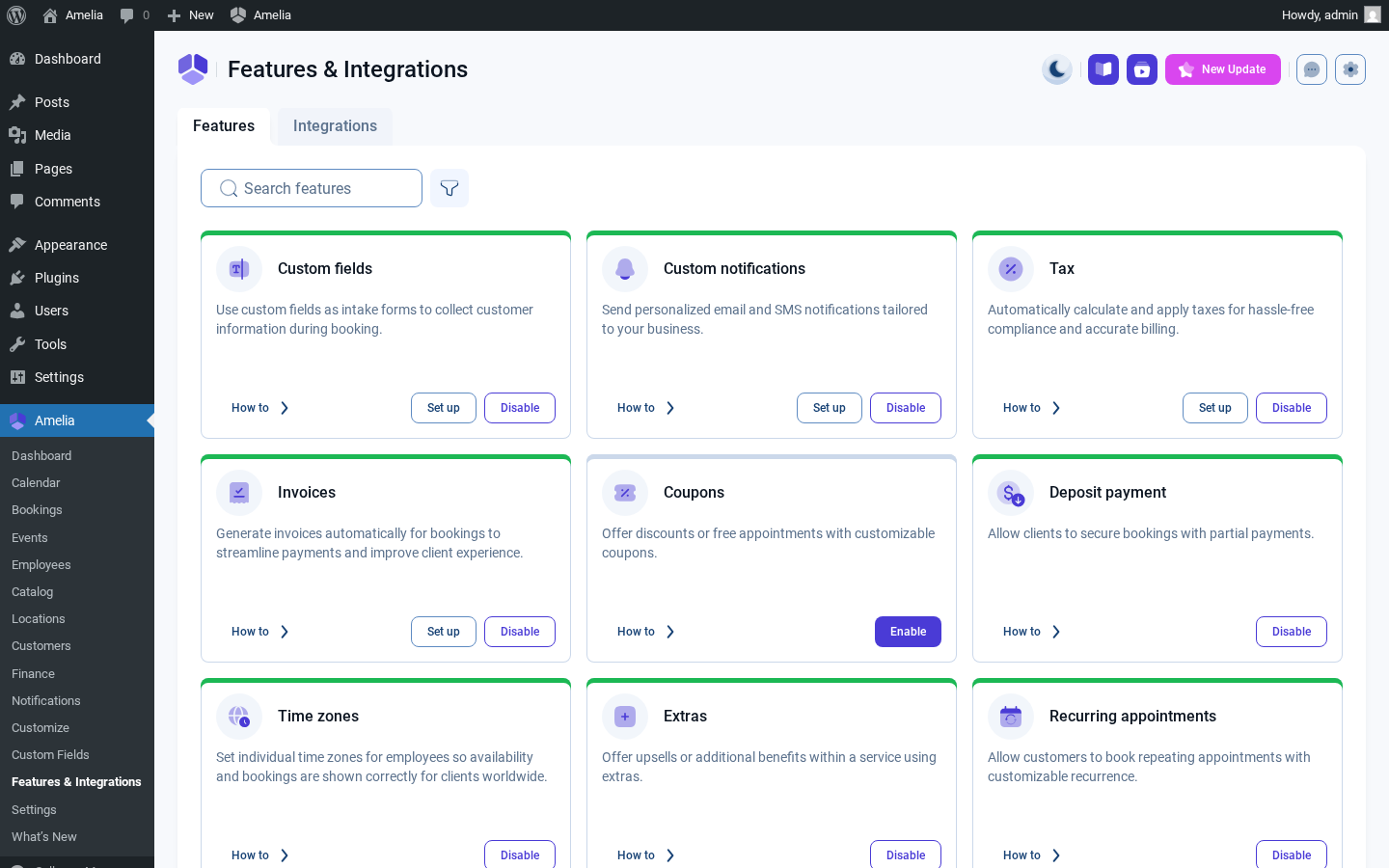 Amelia admin Features &amp; Integrations — feature toggle list