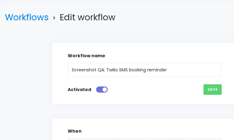 Booknetic-Workflow-Editor der Regular-Umgebung mit Booking-starts-Ereignis und Send-SMS-message-via-Twilio-Aktion.