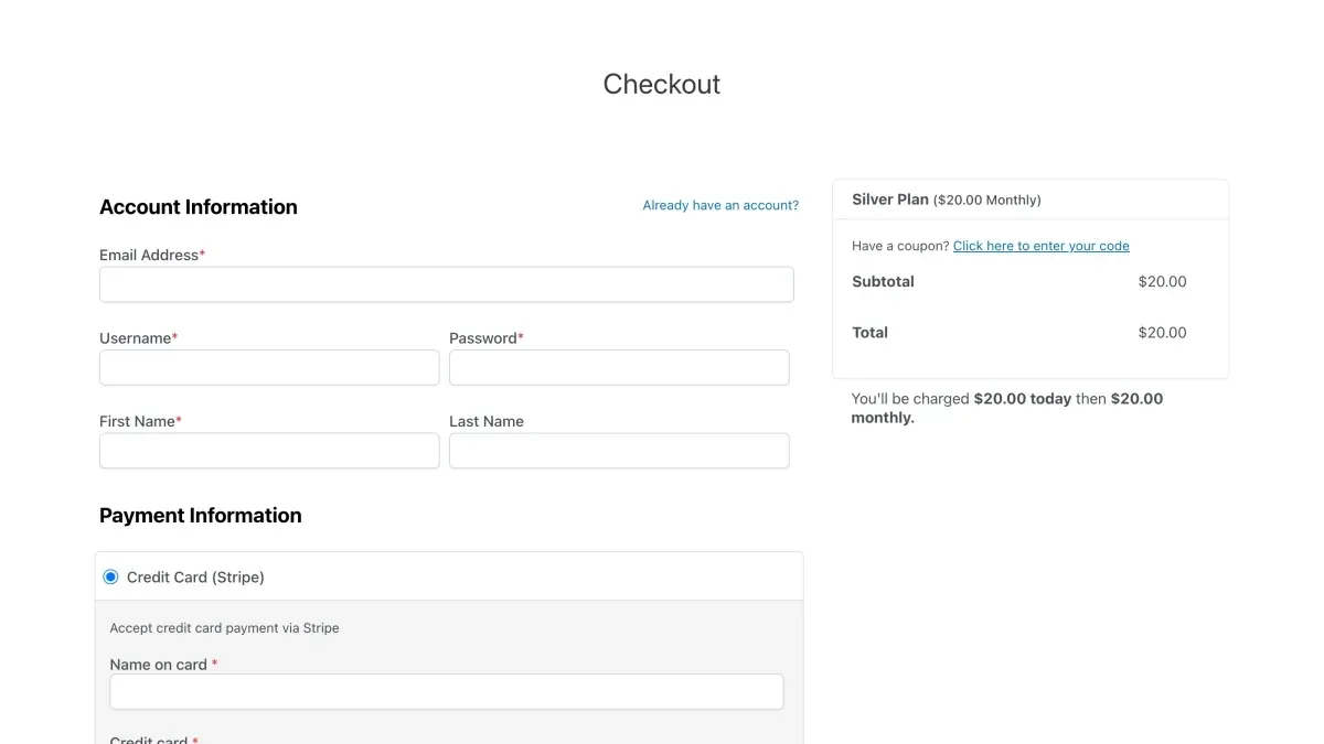 ProfilePress checkout page with account information, payment form, and subscription order summary