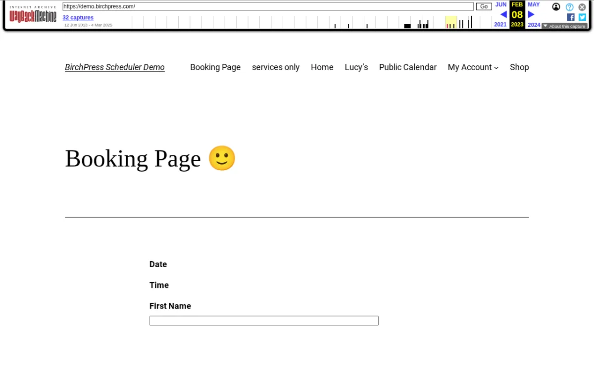 BirchPress Scheduler booking form with date, time, and customer name fields