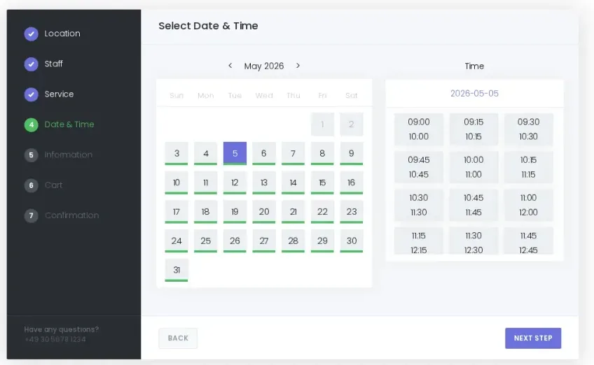 Booknetic front-end booking widget with the Date and Time step