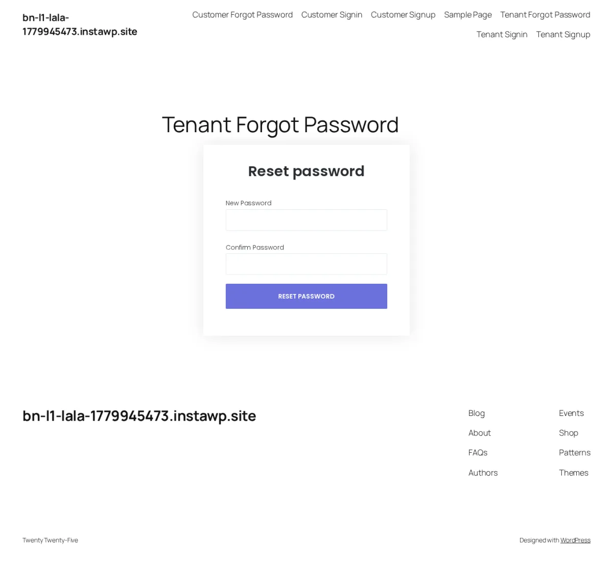 Tenant set-new-password form rendered when the forgot-password page loads with a valid reset token, showing the new password and confirm password fields
