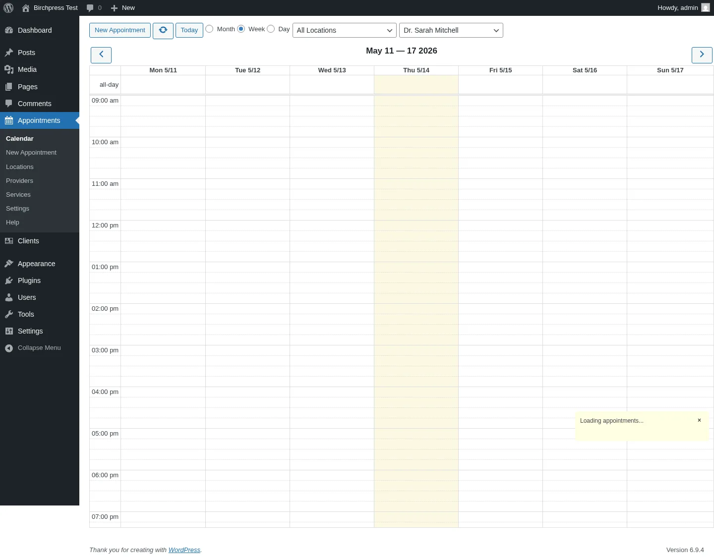 BirchPress admin Calendar with Month / Week / Day views and Location / Provider filters