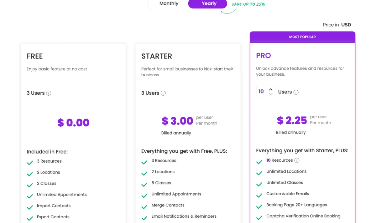 Picktime pricing page with the Free, Starter and Pro plans