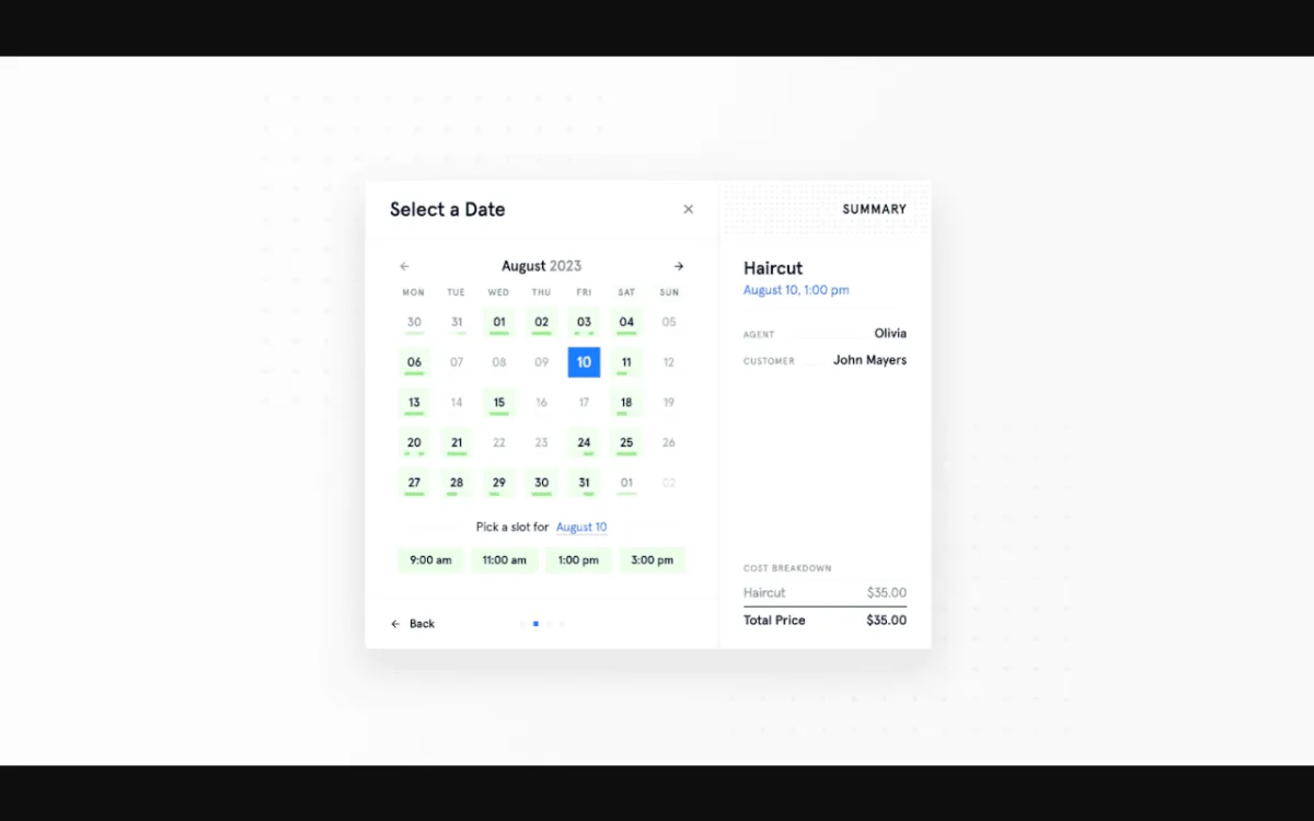 LatePoint appointment booking plugin multi-step booking form with calendar and time slots