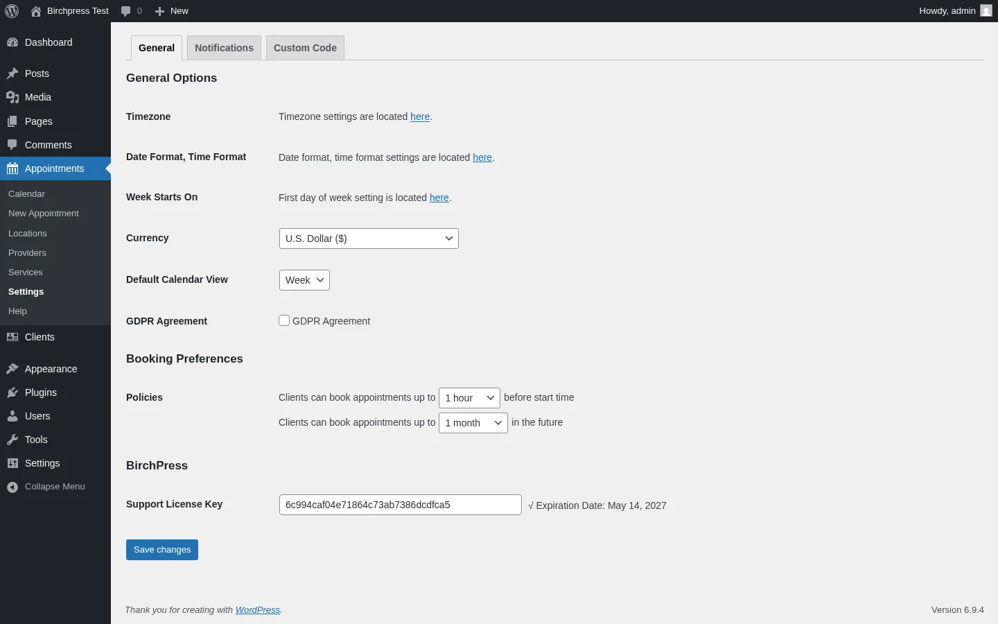 BirchPress admin Settings General with Timezone, Date format, Currency, GDPR and Booking policy controls