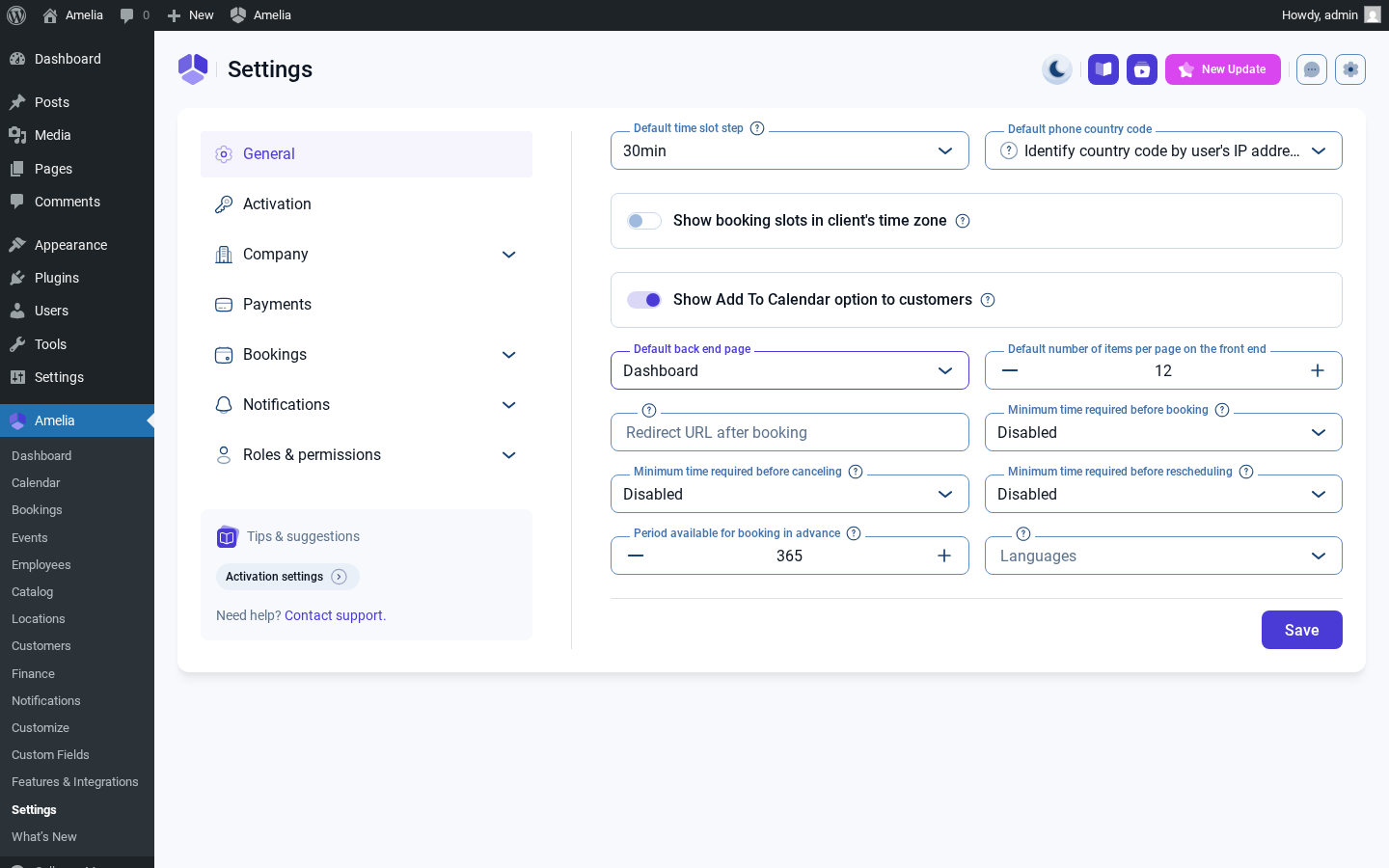 Amelia admin Settings — General tab