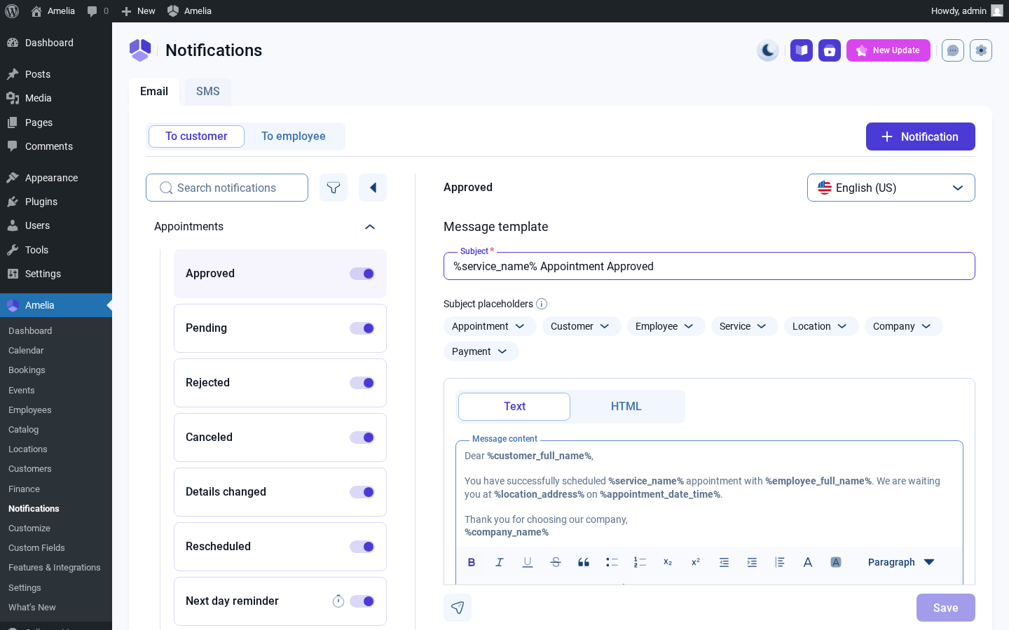 Amelia admin Notifications — email + SMS template list across booking events