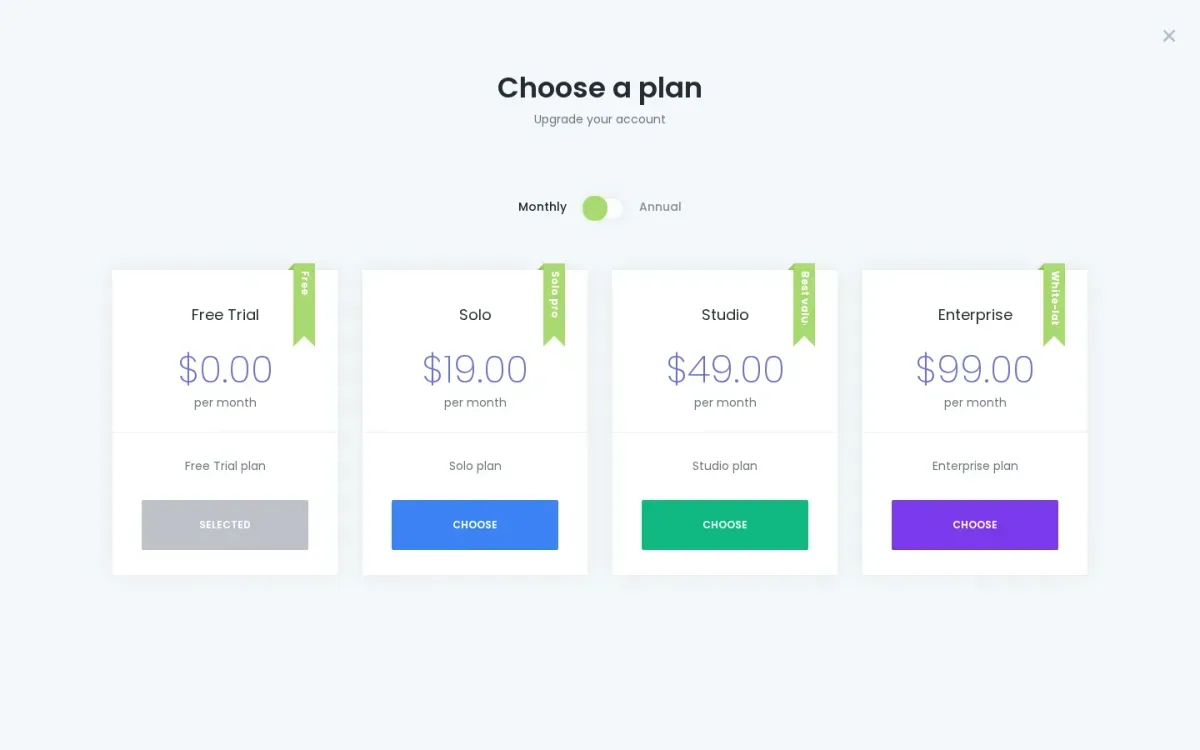 Booknetic SaaS tenant plan picker showing plan cards with monthly and annual billing toggle