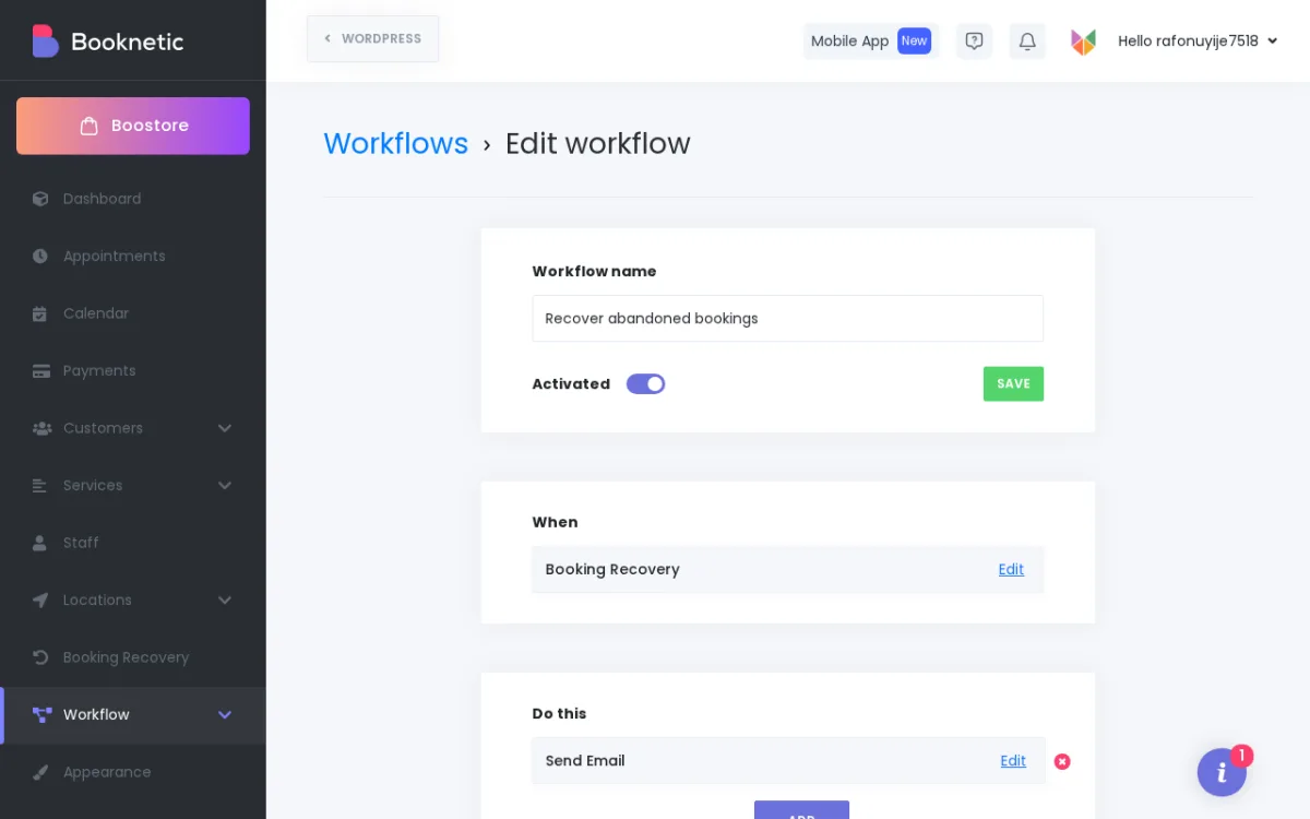 Booking Recovery workflow trigger and email action settings in Booknetic