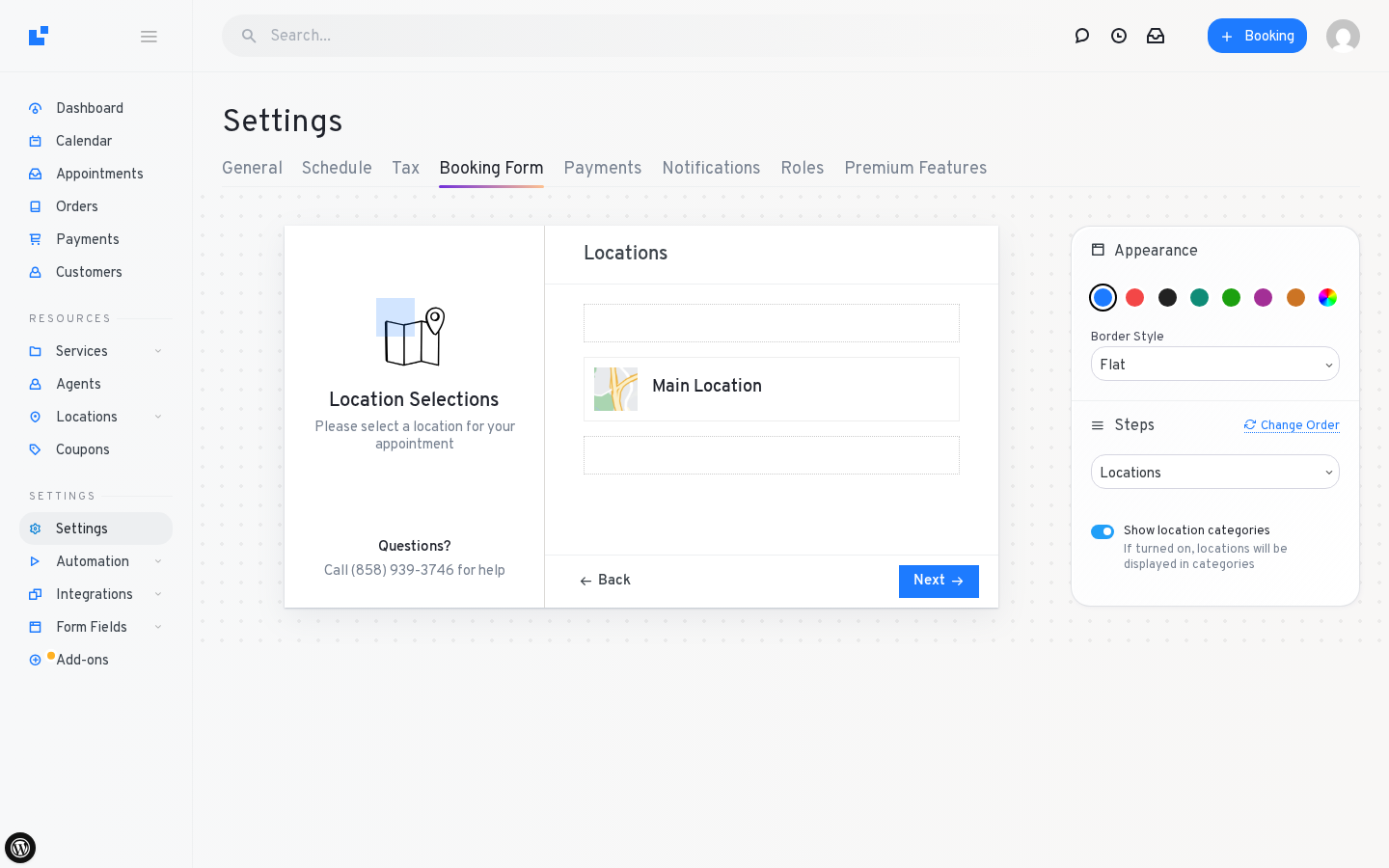 LatePoint Booking Form Settings — live preview + Appearance + Border Style + drag-to-reorder Steps