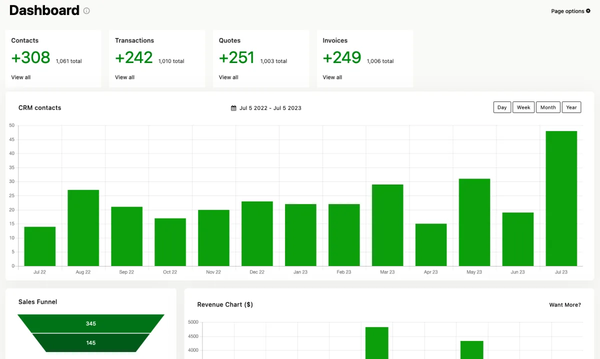 Jetpack CRM contact management dashboard showing client list, pipeline stages, and contact detail overview