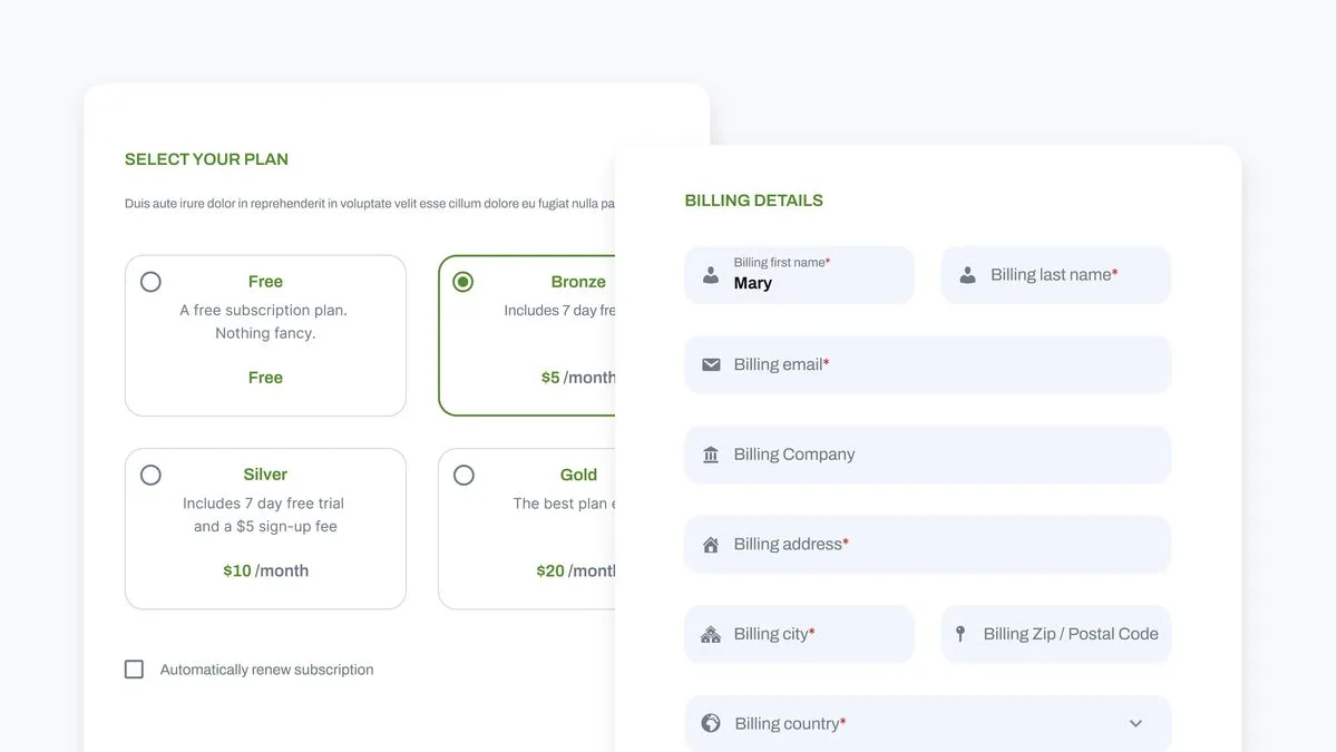 Paid Member Subscriptions front-end subscription plan selection form showing plan options and billing details