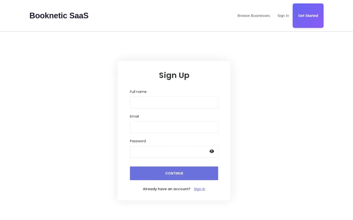 Booknetic SaaS tenant sign-up card with Full name, Email, and Password fields