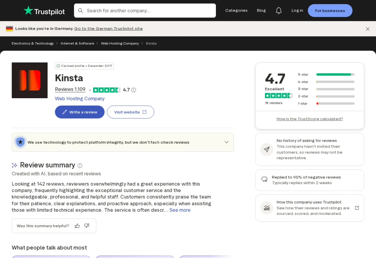 Resumen de reseñas de Kinsta en Trustpilot