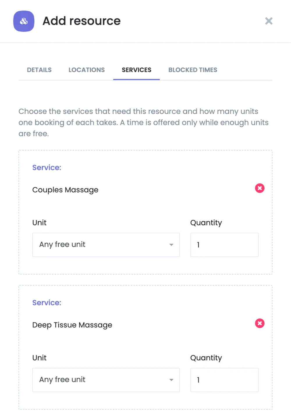 Resource Services tab with two services and their quantities