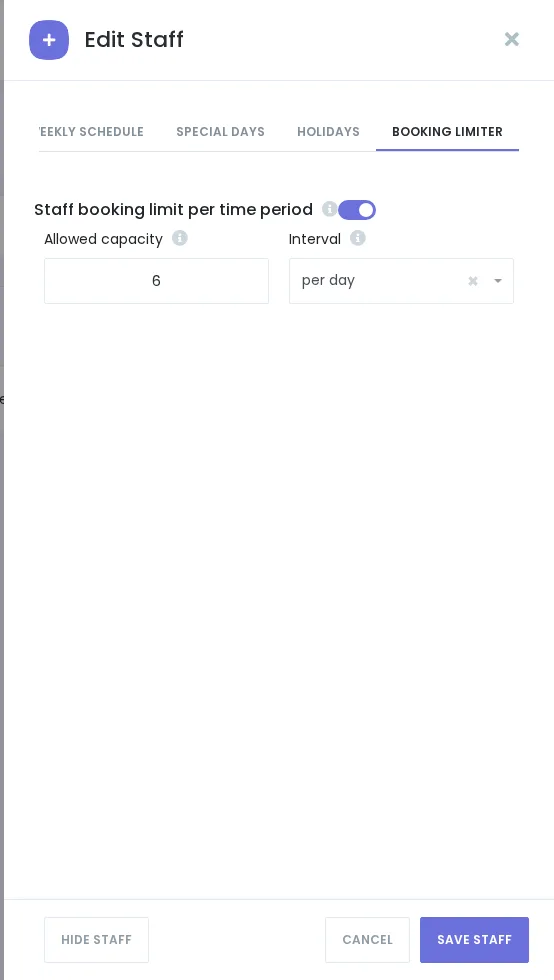 Booknetic regular Edit Staff drawer showing Staff booking limit per time period controls.