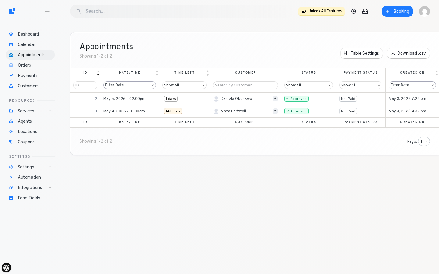 LatePoint admin Appointments — datatable showing both test bookings (front-end + admin) at $95 / Approved