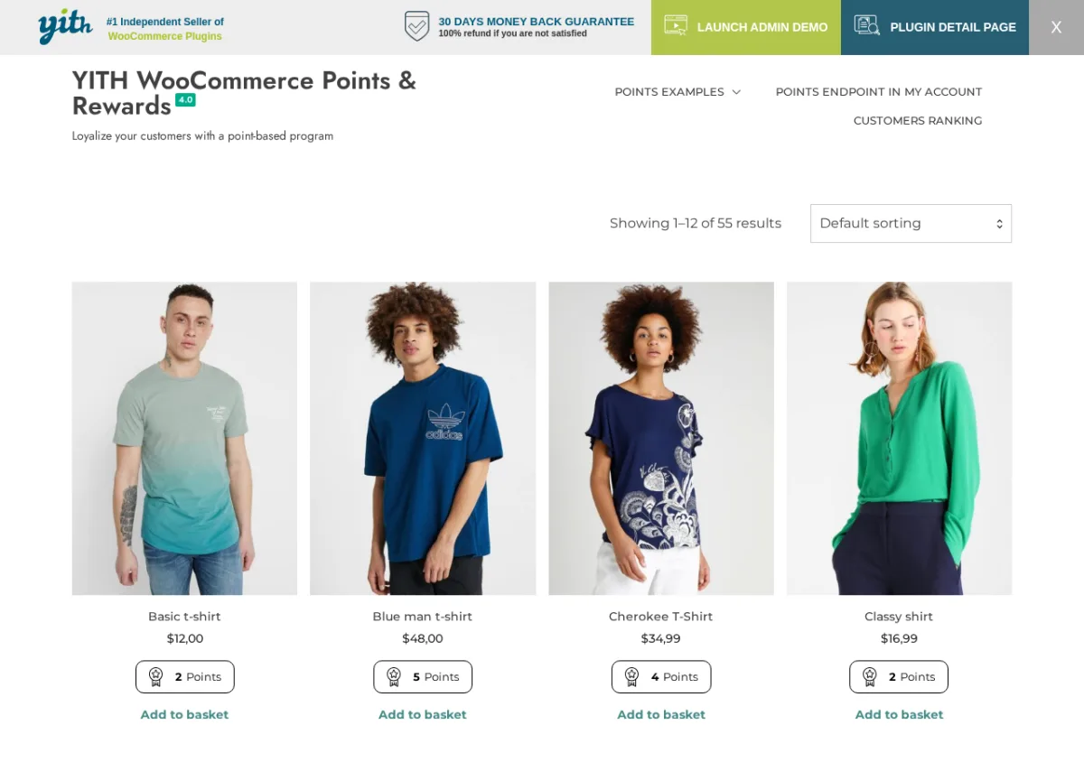 YITH WooCommerce Points and Rewards frontend demo showing per-product point values displayed on a WooCommerce shop page